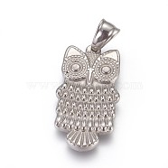 304 Stainless Steel Pendants, Owl, Stainless Steel Color, 34.5x18.5x3mm, Hole: 4.5x8.5mm(STAS-E449-07P)