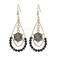 Alloy Enamel & Imitation Austrian Crystal Dangel Earrings, with PVD Vacuum Plating 304 Stainless Steel Hoop Earring Findings, Spider Web, Black, 67x26mm(EJEW-TA00482)