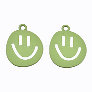 Spray Painted Alloy Pendants,  Cadmium Free & Lead Free, with Enamel, Smiling Face, Yellow Green, 24x19.5x1mm, Hole: 2mm(X-ENAM-S127-025B-RS)