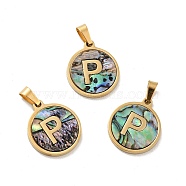 PVD Vacuum Plating 304 Stainless Steel with Paua Shell Pendants, Golden, Flat Round with Letter Charm, Letter.P, 18x16x1.5mm, Hole: 3x6mm(STAS-G268-02P-G)