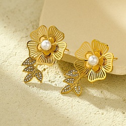 304 Stainless Steel Micro Pave Clear Cubic Zirconia Flower Stud Earrings for Women, with ABS Plastic Pearl, Golden, 39.5x24mm(EJEW-U023-02G)