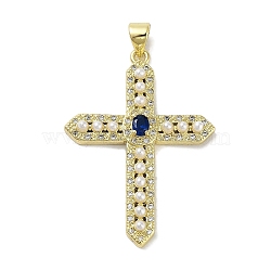 Rack Plating Brass Micro Pave Cubic Zirconia & Imitation Pearl Pendants, Lead Free & Cadmium Free, Long-Lasting Plated, Real 18K Gold Plated, Cross, Dark Blue, 36x26x4mm, Hole: 4.5x3mm(KK-R163-02G-02)