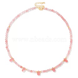 Adjustable 4MM Round and Teeardrop Cherry Quartz Glass Beaded Necklace for Women Elegant Casual Jewelry Gift, Golden, 15.75 inch(40cm)(YO7964-7)