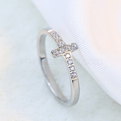 Cross Stainless Steel Micro Pave Clear Cubic Zirconia Finger Rings for Women, Platinum, 7mm, US Size 7(17.3mm)(FS-WG88B59-01)