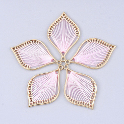 Cotton Thread Woven Pendants, with Alloy Findings, Leaf, Golden, Pink, 43x26.5x2mm, Hole: 1.8mm(X-FIND-S306-03G)