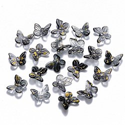 Two Tone Transparent Spray Painted Glass Charms, with Glitter Powder, Butterfly, Black, 9.5x11x3mm, Hole: 0.8mm(GLAA-T016-22E)