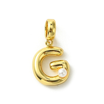 Rack Plating Brass with ABS Plastic Pearl European Dangle Charms, Large Hole Pendants, Long-Lasting Plated, Lead Free & Cadmium Free, Real 18K Gold Plated, Letter G, 22mm long, hole: 5mm, pendant: 14x11x5mm