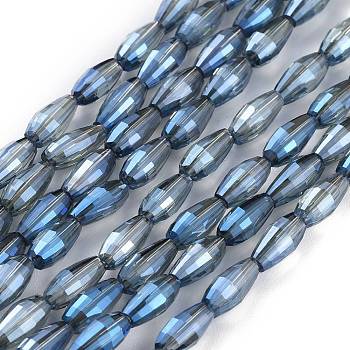 Electroplated Glass Beads Strands, Full Rainbow Plated, Rice Shape, Steel Blue, 8.5x4mm, Hole: 1mm, about 72pcs/Strand, 24.57''(62.4cm)