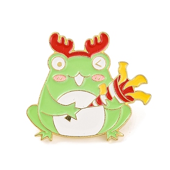 Christmas Frog with Deer Antle Alloy Enamel Pins for Backpack Clothes, Green Yellow, 30.5x27mm