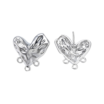 Brass Heart Stud Earring Findings, with Horizontal Loops, Cadmium Free & Nickel Free & Lead Free, Real Platinum Plated, 29x23mm, Hole: 1.6mm, Pin: 0.7mm