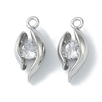 Brass Pendants, with Clear Glass, Flower, Real Platinum Plated, Real Platinum Plated, 14x6x5mm, Hole: 1.2mm