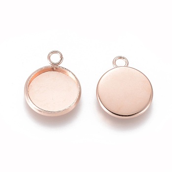 201 Stainless Steel Pendant Cabochon Settings, Plain Edge Bezel Cups, Flat Round, Rose Gold, tray: 12mm, 17.5x14x2mm, Hole: 2.2mm