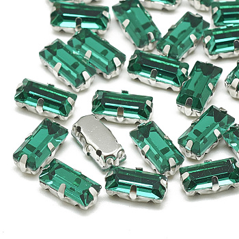 Sew on Rhinestone, Multi-strand Links, Glass Rhinestone, with Brass Prong Settings, Garments Accessories, Faceted, Rectangle, Platinum, Med.Emerald, 16x6x4.5mm, Hole: 1mm