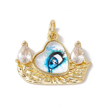 Brass Micro Pave Clear Cubic Zirconia Pendants, with Eye Resin and Jump Rings, Lead Free & Cadmium Free, Boat with Heart Charm, Real 18K Gold Plated, White, 17x22.5x4.5mm, Hole: 4mm