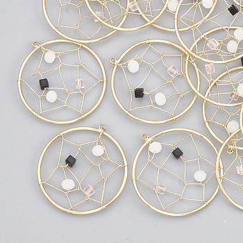 Brass Pendants, with Glass Beads, Flat Round with Web, Real 18K Gold Plated, 32x30x4mm, Hole: 1mm