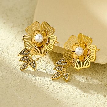 304 Stainless Steel Micro Pave Clear Cubic Zirconia Flower Stud Earrings for Women, with ABS Plastic Pearl, Golden, 39.5x24mm