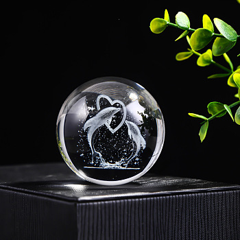 Inner Carving Glass Crystal Ball Diaplay Decoration, Fengshui Home Decor, Dolphin, 60mm