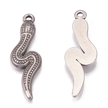 304 Stainless Steel Pendants, Snake, Antique Silver, 32.5x10x2mm, Hole: 2mm