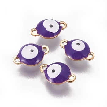 Ion Plating(IP) 304 Stainless Steel Enamel Links connectors, Flat Round with Evil Eye, Golden, Indigo, 12x8x4mm, Hole: 1.4mm