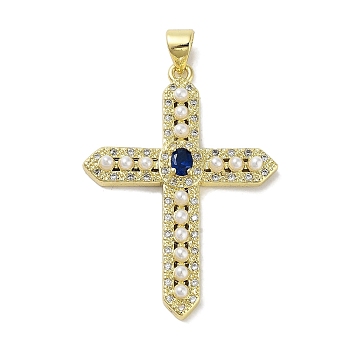 Rack Plating Brass Micro Pave Cubic Zirconia & Imitation Pearl Pendants, Lead Free & Cadmium Free, Long-Lasting Plated, Real 18K Gold Plated, Cross, Dark Blue, 36x26x4mm, Hole: 4.5x3mm