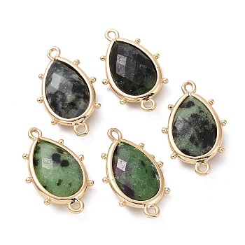 Natural Ruby in Zoisite Connector Charms, with Golden Plated Brass Edge Loops, Faceted, Teardrop, 24x14.5x5mm, Hole: 1.2mm & 1.4mm
