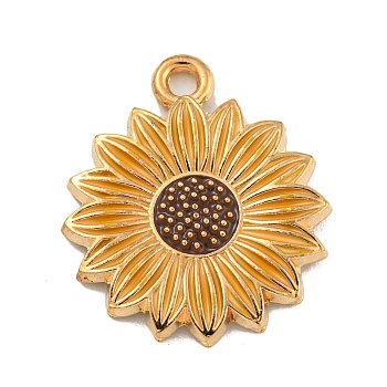 Alloy Enamel Pendants, Golden, Sunflower Charm, Orange, 21x18x2mm, Hole: 1.8mm