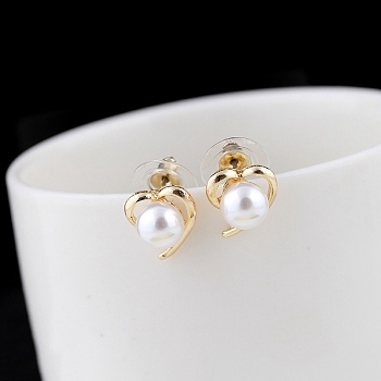 Alloy Imitation Pearl Stud Earrings for Women, with 925 Sterling Silver Pin, Heart, 18x12mm