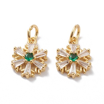 Brass Micro Pave Cubic Zirconia Pendants, with Jump Rings, Real 18K Gold Plated, Long-Lasting Plated, Snowflake, Green, 17x10x3mm, Jump Ring: 5.5x1mm, Inner Diameter: 4mm