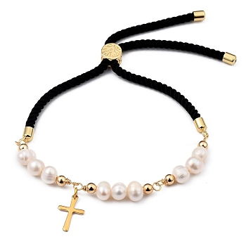 Adjustable Nylon Cord Slider Bracelets, Bolo Bracelets, with Natural Pearl Beads, 304 Stainless Steel Cross Charms and Brass Beads, Black, Inner Diameter: 1-5/8~3-7/8 inch(4~10cm)