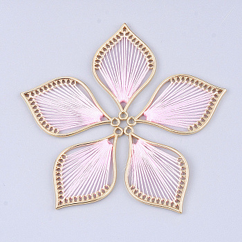 Cotton Thread Woven Pendants, with Alloy Findings, Leaf, Golden, Pink, 43x26.5x2mm, Hole: 1.8mm