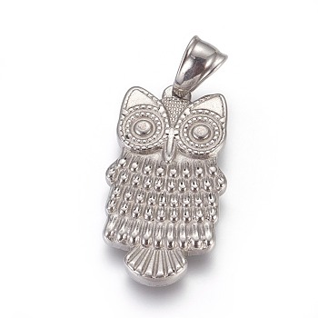 304 Stainless Steel Pendants, Owl, Stainless Steel Color, 34.5x18.5x3mm, Hole: 4.5x8.5mm
