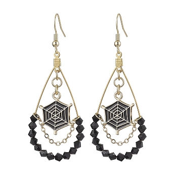 Alloy Enamel & Imitation Austrian Crystal Dangel Earrings, with Vacuum Plating 304 Stainless Steel Hoop Earring Findings, Spider Web, Black, 67x26mm