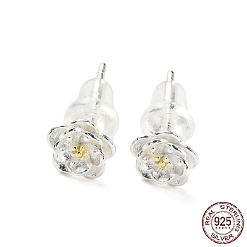 Two Tone 999 Sterling Silver Stud Earrings, Flower, Golden & Silver, 6.5x6mm