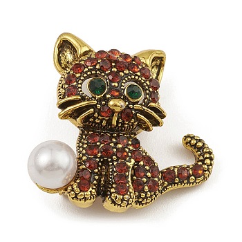 Alloy Rhinestone Brooch, with ABS Imitation Pearl, Cat, Colorful, 31x30.5x6.5mm