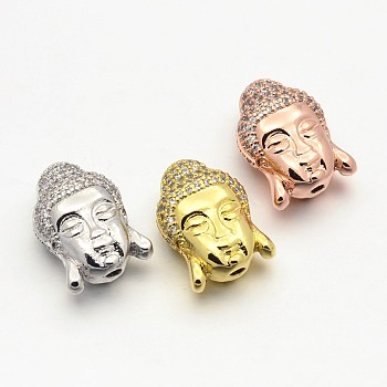 CZ Brass Micro Pave Grade AAA Cubic Zirconia 3D Buddha Head Beads, Lead Free & Nickel Free & Cadmium Free, Mixed Color, 15x11x8mm, Hole: 1.5mm
