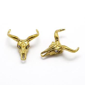 Brass Beads, Nickel Free, with Cubic Zirconia, Cattle Skull, Raw(Unplated), 20x18x7mm, Hole: 2mm