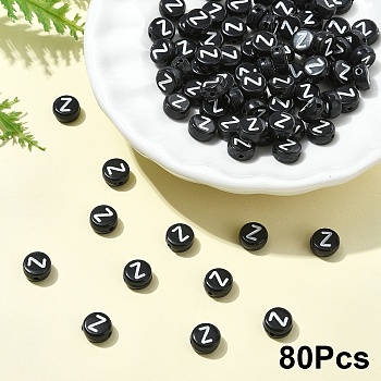 Opaque Acrylic Horizontal Hole Beads, with Enamel, Flat Round, Letter Z, 7x4mm, Hole: 1.5mm