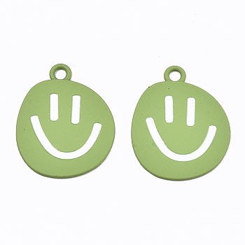Spray Painted Alloy Pendants,  Cadmium Free & Lead Free, with Enamel, Smiling Face, Yellow Green, 24x19.5x1mm, Hole: 2mm