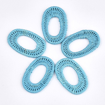 Waxed Polyester Cord Woven Pendants, with Iron Findings, Oval, Sky Blue, 47~48x30~31x3mm