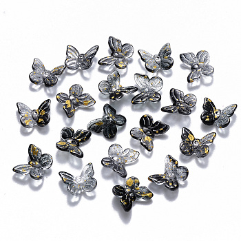 Two Tone Transparent Spray Painted Glass Charms, with Glitter Powder, Butterfly, Black, 9.5x11x3mm, Hole: 0.8mm