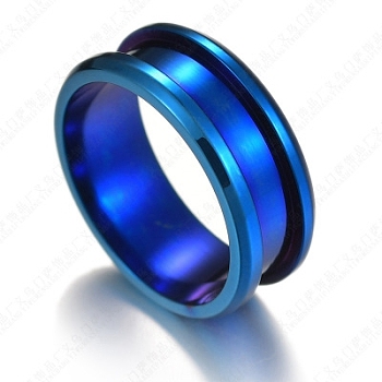 201 Stainless Steel Grooved Finger Ring Settings, Ring Core Blank, for Inlay Ring Jewelry Making, Blue, Size 8, 8mm, Inner Diameter: 18mm