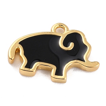 Golden Brass Enamel Pendants, Long-Lasting Plated, Elephant, Black, 9.5x13x1.5mm, Hole: 1.2mm