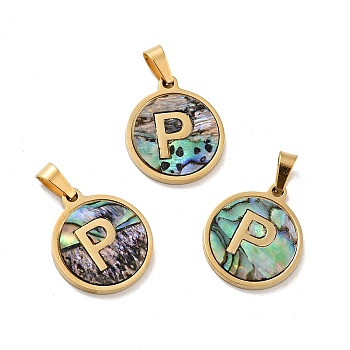 PVD Vacuum Plating 304 Stainless Steel with Paua Shell Pendants, Golden, Flat Round with Letter Charm, Letter.P, 18x16x1.5mm, Hole: 3x6mm