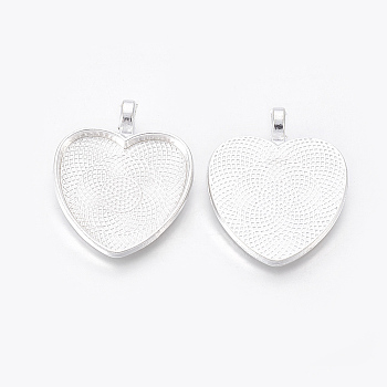 Alloy Pendant Cabochon Settings, Plain Edge Bezel Cups, Heart, Silver Color Plated, 34x27x2.5mm, Hole: 4.5mm, Tray: 25x25mm