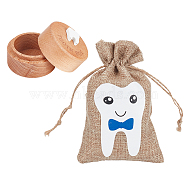 Column Wood Deciduous Teeth Storage Boxes, with Rectangle Linen Cute Baby Tooth Print Drawstring Bags, Blue, Box: 5.1x4.05cm, Inner Diameter: 3.75cm(ABAG-FG0001-02B)