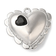 Brass Pendants, with Glass, Nickel Free, Heart Charms, Real Platinum Plated, Black, 15.5x16.5x6.5mm, Hole: 1.2mm(KK-C028-25P-01)