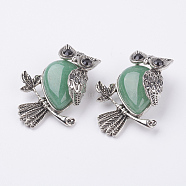 Natural Green Aventurine Pendants, with Alloy Finding, Owl, Antique Silver, 46.5x35.5x11.5mm, Hole: 6x8.5mm(G-E442-01C)
