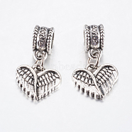 Tibetan Style Alloy European Dangle Charms, Large Hole Pendants, Wing & Heart, Antique Silver, 23mm, Pendant: 12x13x2mm, Hole: 4.5mm(PALLOY-F199-33AS)