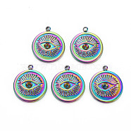 201 Stainless Steel Pendants, Flat Round with Eye, Rainbow Color, 17.5x15x3mm, Hole: 1.4mm(STAS-S119-059)