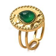 Teardrop Natural Dyed & Heated Green Onyx Agate Finger Rings, Oval 304 Stainless Steel Cuff Rings for Women Men, Golden, Inner Diameter: Adjustable(RJEW-Q822-12G)